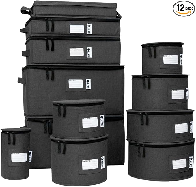 China Storage Hard Shell Containers 12-Piece Set Moving Boxes for Dinnerware Glasses Plates Mugs and Saucers Sturdy Dish Organizer with Dividers for Seasonal Storage - Service for 12 - Black