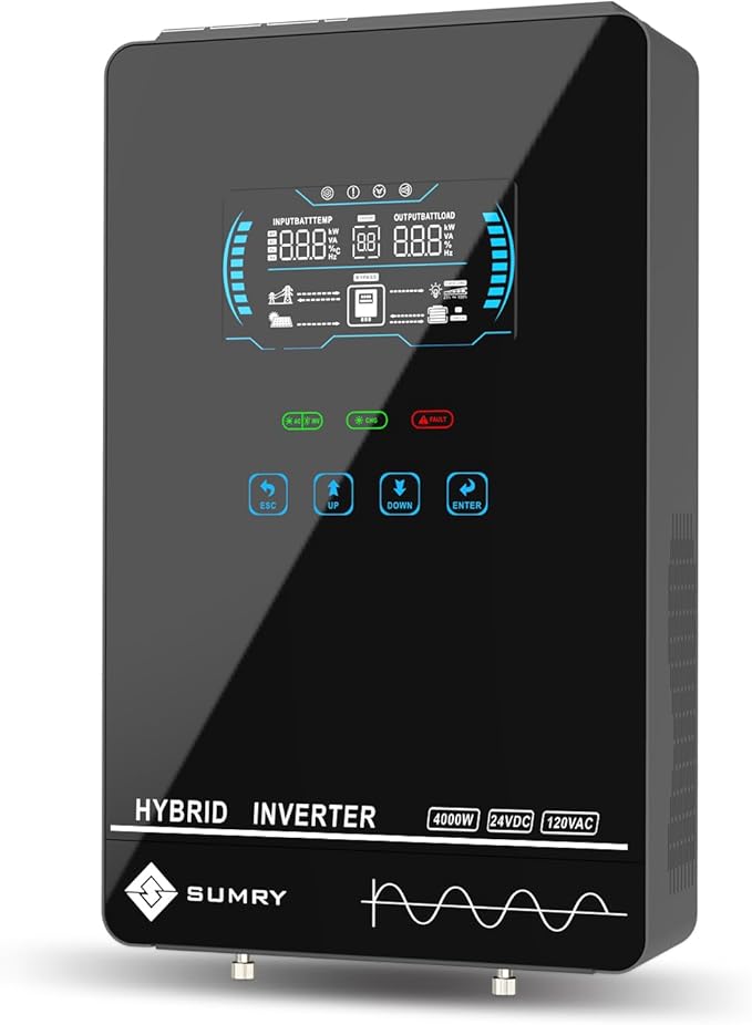 SUMRY Hybrid Solar Inverter 4000W DC 24V to AC 120V Pure Sine Wave Power Converter Glass Top Cover with LCD Display 140A MPPT Charge Controller Supports Battery-Less or AGM Lithium Battery
