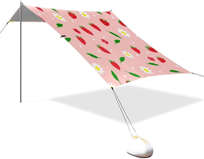 xigua Strawberry Beach Tent Sun Shelter with Carrying Bag - Silver Coated Oxford Fabric Beach Canopy for Beach Camping Fishing - Includes Windproof Ropes Sandbags &amp Stakes