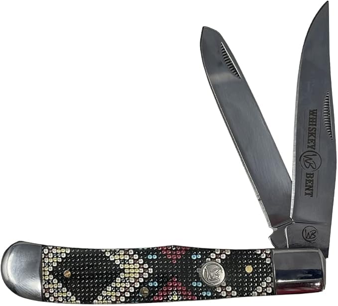 WHISKEY BENT HAT CO. Traditional Trapper Folding Pocket Knife 4.125 Closed Length 440C Stainless Steel Blades (Black Diamond Bead)
