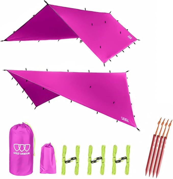 Gold Armour Rainfly Tarp Hammock Premium 14.7ft/12ft/10ft/8ft Rain Fly Cover Waterproof Ultralight Camping Shelter Canopy Survival Equipment Gear Tent Accessories (Pink 12ft x 10ft)