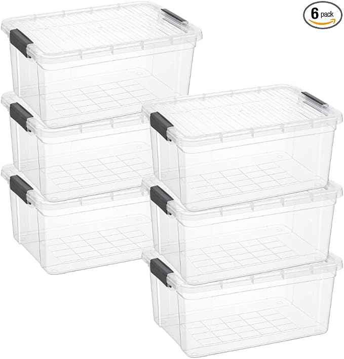 Superio Storage Bins with Lids Clear Plastic Containers for Organizing Stackable Totes BPA Free Odor Free Organizer Boxes for Home and Dorm (6 Pack 36 Qt)