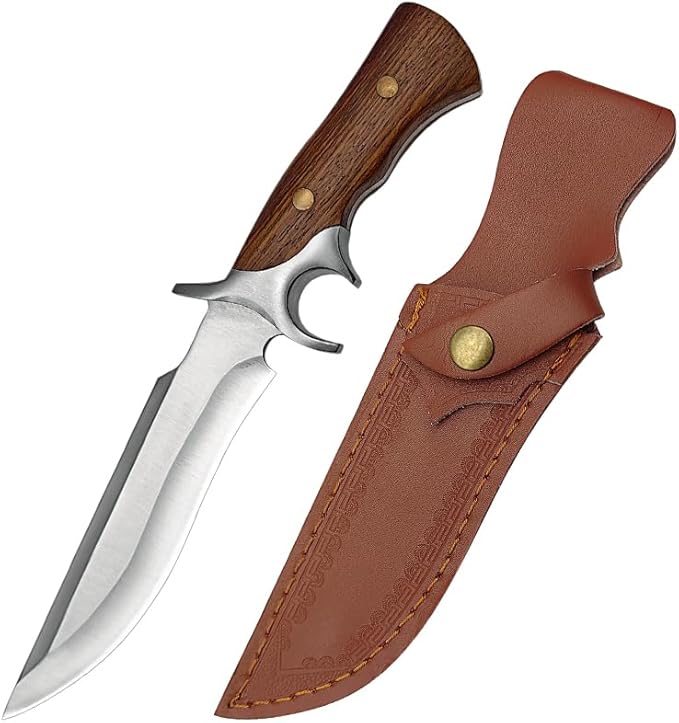 12.2 Fixed Blade Outdoor Knife 9Cr18 Stainless Steel Hunting Knife with Damascus Pattern Ergonomic Wood Handle &amp Embossed Leather Sheath Survival Utility Tool for Camping Hiking &amp Fishing