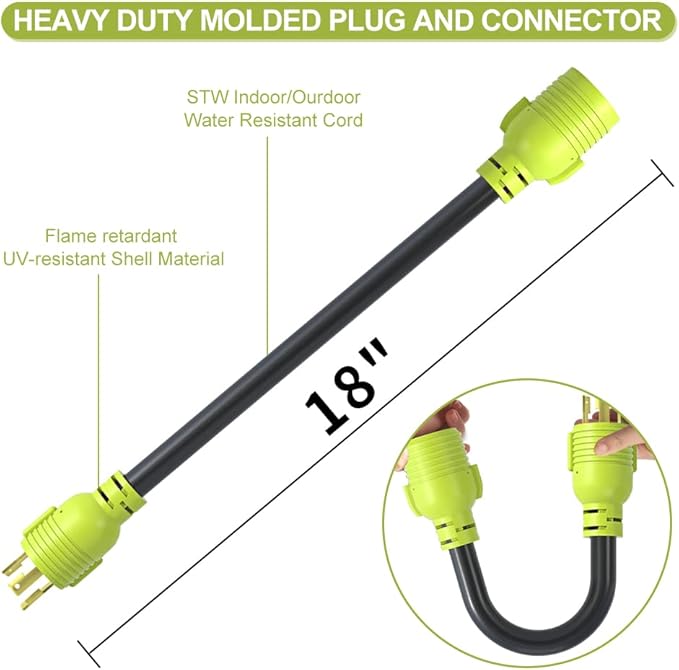 Generator Transfer Switch Adapter NEMA L5-30P Male Plug to L14-30R Female30 Amp Generator Twist Lock 3 Prong to 4 Prong House Inlet BoxSTW 10 AWG（1.5FT）