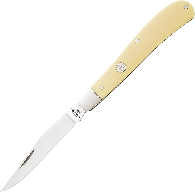 Bear &amp Son Yellow Delrin Trapper Pocket Knife Single Blade Slip Joint Folding Knife with 1095 Carbon Steel Clip Point Satin Finish Traditional EDC for Camping Hunting USA Made Everyday Carry