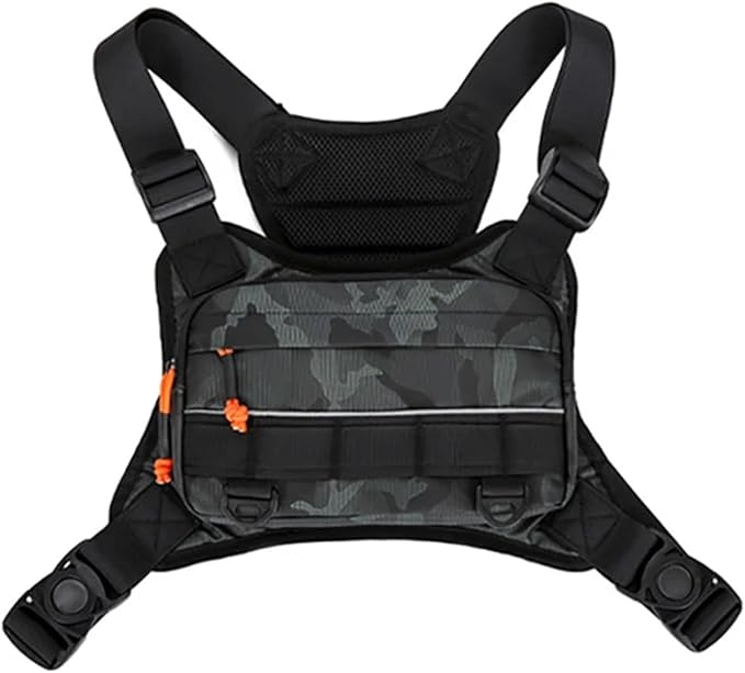 Genérico Front Chest Bag Camping Vest Backpack Compatible for Men Women Running Tactical Pack Sports Outdoor Cycling fishing(Black Camouflage)