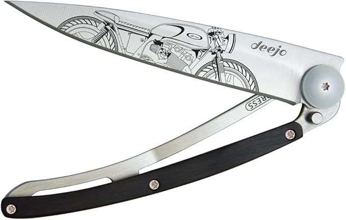 deejo - 1.3OZ Ebony Wood Handle Café Racer Design- Ultra-Light Folding Pocket Knife with Belt Clip - Stainless Steel Z40C13- Everyday Carry- EDC