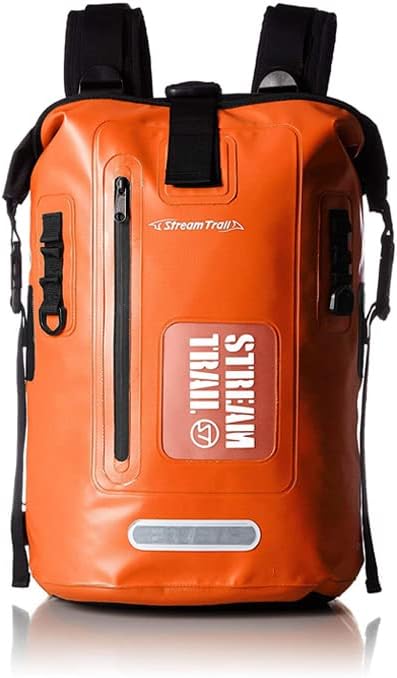 Stream Trail Waterproof Backpack 25L Heavy Duty Roll-Top Closure with Easy Access Front-Zippered Pocket and Cushioned Padded Back Panel for Comfort IPX6 Water Rsistance Dry Bag Orange