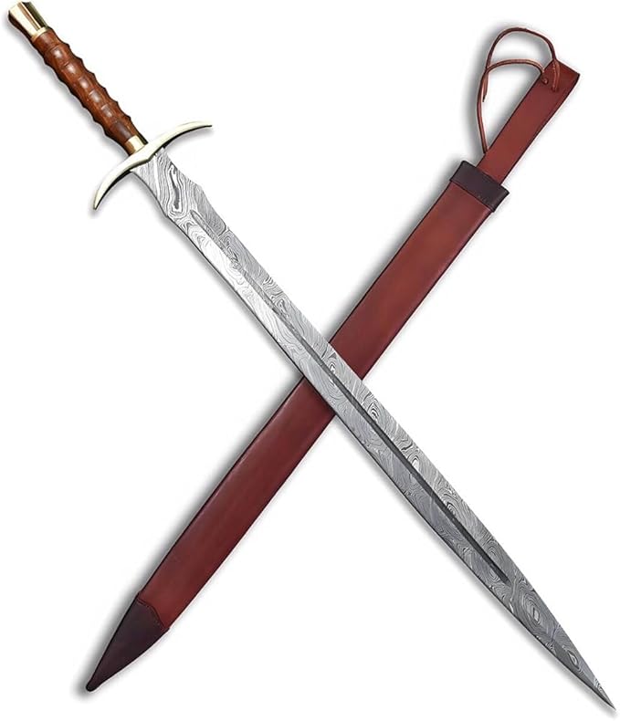 Dark Warrior - 36” Handmade Power The Real Medieval Viking Damascus Steel Handmade Sword with Leather Sheath Damascus Steel Double Edge Vikings Sword Gift for Him
