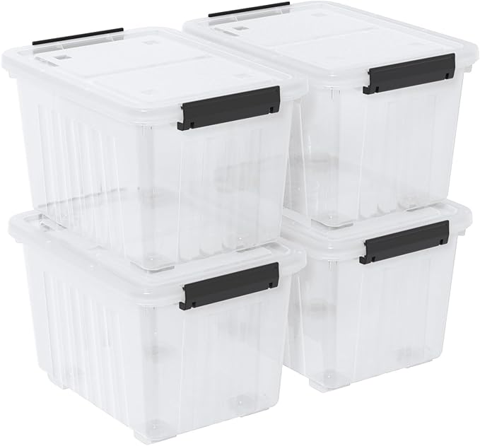 30 Quart Clear Plastic Storage Bin with Lid Stackable Latching Boxes with Wheels 4-Pack