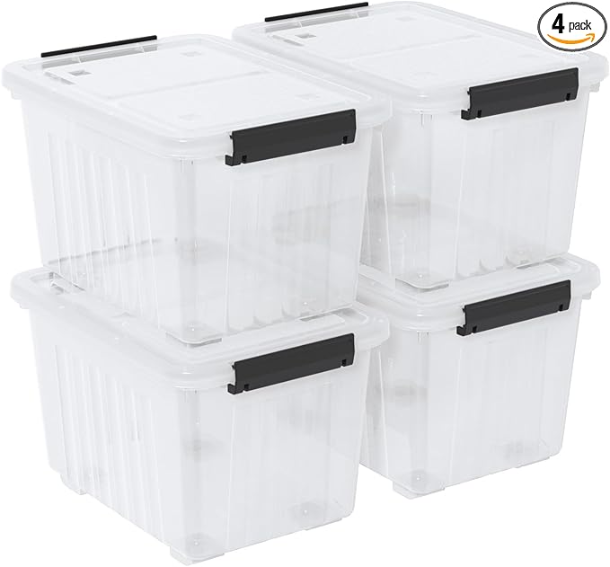 30 Quart Storage Boxes with Wheels 4-Pack Clear Plastic Storage Bins with Lids