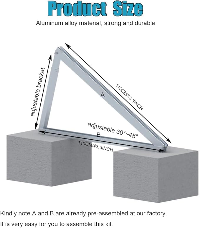 Solar Panel Mounting Brackets Kit System Adjustable 30º~45º Aluminum Alloy Tilt Ground Mounted Bracket Rust Free Sturdy for 1-4pcs Solar Panels