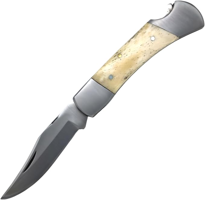 7 Handmade Folding Pocket Knife – 3 440 Stainless Steel Clip Point Blade – Silver Bolster – Genuine Leather Sheath Included (White Bone)