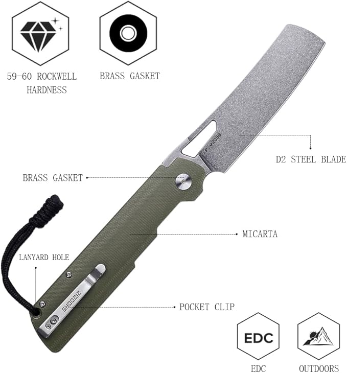 4.01 Chef Folding Knife Camping EDC Pocket Knife for Man Micarta Handle with Pocket Clip for Outdoor Cooking Fishing &amp Hiking.59-60 HRC D2 Steel Stonewash Blade. XUN119A-GMSt