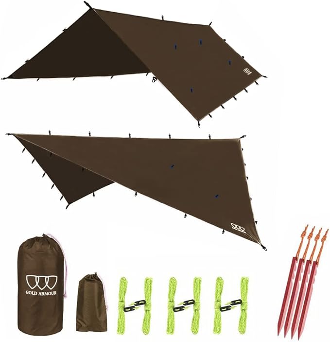 Gold Armour Rainfly Tarp Hammock Premium 14.7ft/12ft/10ft/8ft Rain Fly Cover Waterproof Ultralight Camping Shelter Canopy Survival Equipment Gear Camping Tent Accessories (Brown 14.7ft x 12ft)