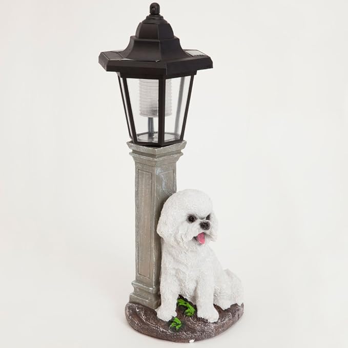 Bits and Pieces - Solar Dog Lantern-Solar Powered Garden Lantern - Resin Dog Sculpture with LED Light (Bichon) - 13.5 Tall