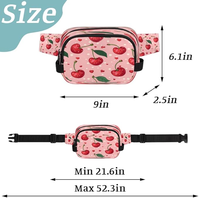 Polka Dot Heart Cherry Waterproof Fanny Pack for Women Men Adjustable Waist Bag with Double Zipper Pockets Lightweight Square Hip Pack for Running Travel Hiking Workout Cycling