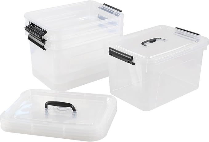 Hespama 12 Quart Plastic Medium Storage Container 4 Packs Lidded Storage Box Bin with Handles