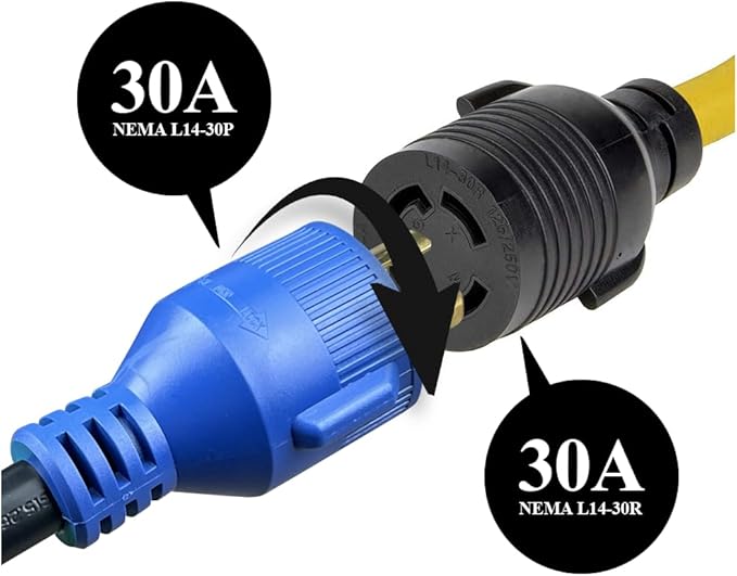 30 Amp to 50 Amp RV AdapterGenerator Plug 4 Prong 30 Amp Power to 50 Amp RVNEMA L14-30P to 14-50R RV Electrical Cord AdapterPlug Adapter Load Up to 30 Amp 250V 7500W 10/3 AWG 12 inch(4 Prong30M50F)
