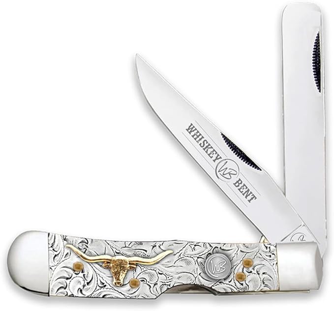 WHISKEY BENT HAT CO. Trapper &amp Locking Bullcutter Folding Pocket Knife 4.125 Closed Length 440C Stainless Steel Blades (Toro)