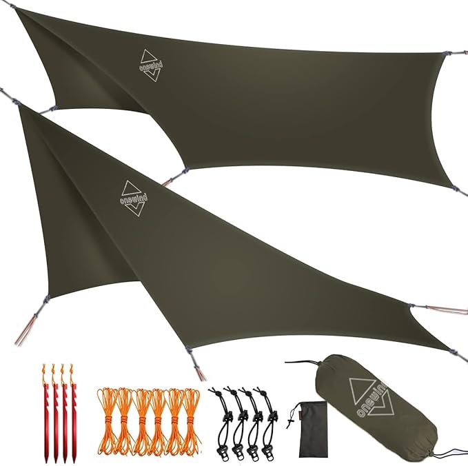 Onewind 12×10 ft Hexagon Hammock Rain Fly Waterproof Lightweight and Durable Silnlyon Camping Hammock Tarp for Backpacking and Hiking Complete Accessories OD Green