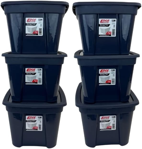 Edge Plastics 5 Gallon Classic Storage Tote 6 Pack durable storage in for home or garage with secure snap lid designed for stacking (6 Ink 5 Gallon)