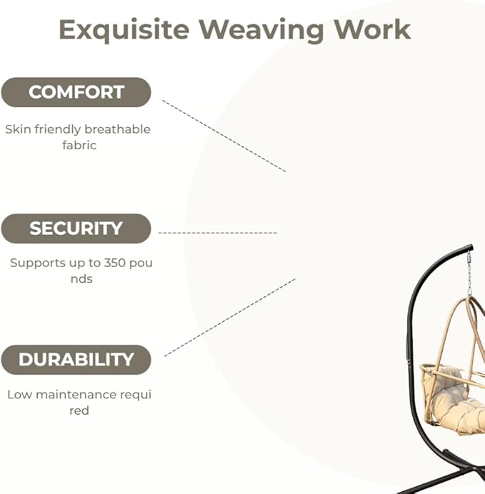 JESE Swing Egg Chair with Stand - UV Resistant &amp Waterproof Cushion Included with Cup Holder - Indoor/Outdoor Hanging Hammock Chair Suitable for Patio Bedroom Balcony Garden (Khaki)