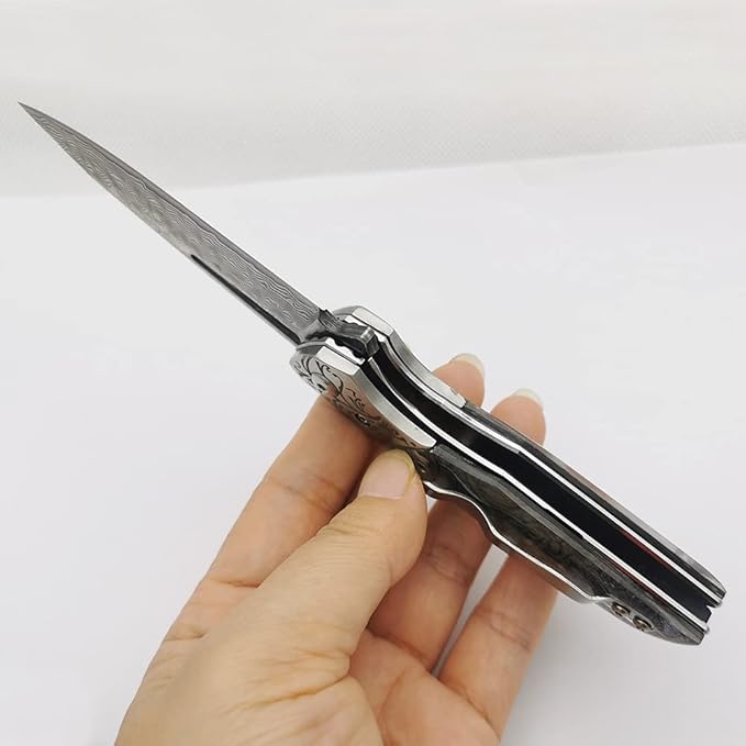 Pocket Knife Damascus Steel Blade Abalone Shell Handle Ball Bearing Pivot Sheath &amp Pocket Clip for Everyday and Outdoor Camping EDC tool Excellent Gift