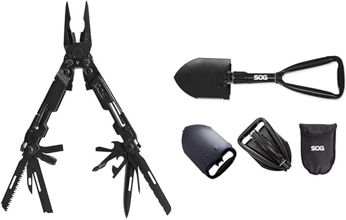 SOG PA2002-CP PowerAccess Deluxe Multi-Tool Black &amp SOG Entrenching Tool- 18.25 Inch Folding Survival Shovel with Wood Saw Edge and Tactical Shovel Carry Case- Black (F08-N)