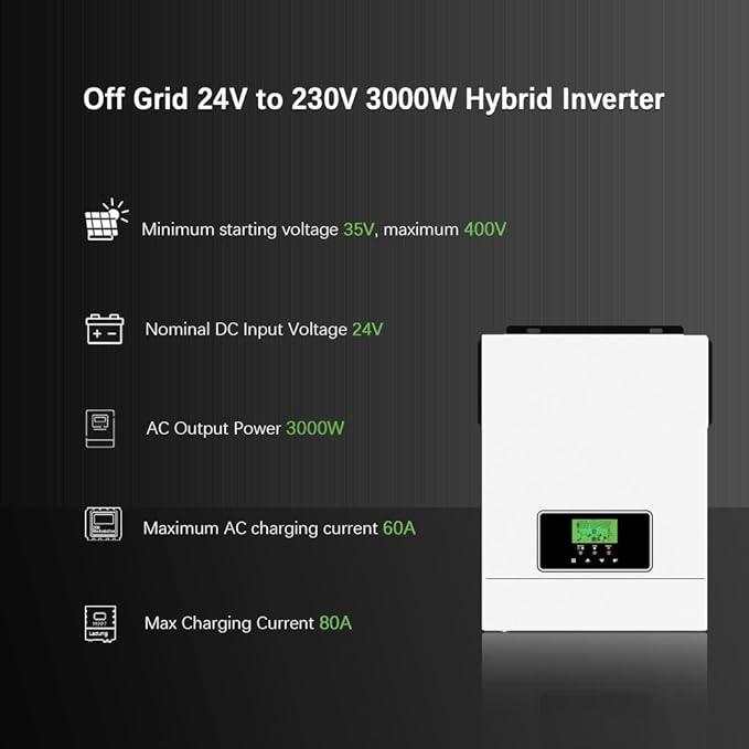 Y&ampH 3000W Solar Hybrid Inverter DC24V to AC230V Off-Grid Pure Sine Wave Inverter with 80A MPPT Solar Charger + AC ChargerMax PV 3000W DC30-400V Inputfit for 24V Lead-Acid/Lithium Battery