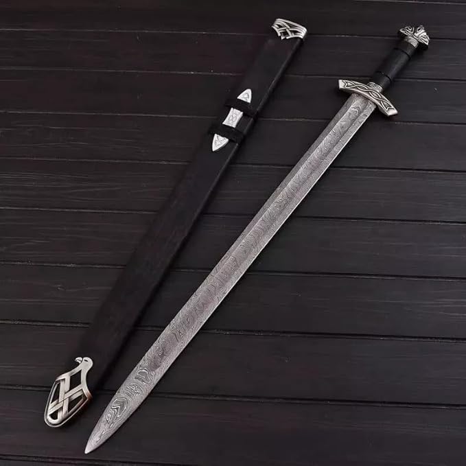 Viking Sword – Real Damascus Steel Battle-Ready Northman Swords | Handmade Functional Viking Sword Prop | Gift for Him Prop Tools with Origional Leather Scabbard