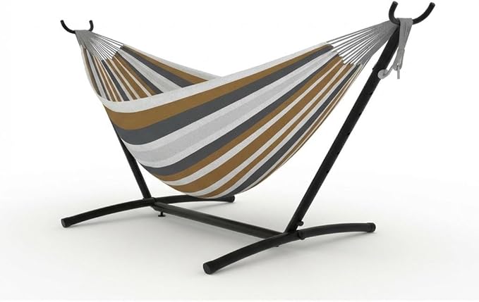 Double Hammock with Stand 2 Person Heavy Duty Hammocks for Outside–450IB Capacity Portable Hammock with Space-Saving Steel Frame &amp Carrying Case Easy Setup for BackyardCampingBeach-Brown