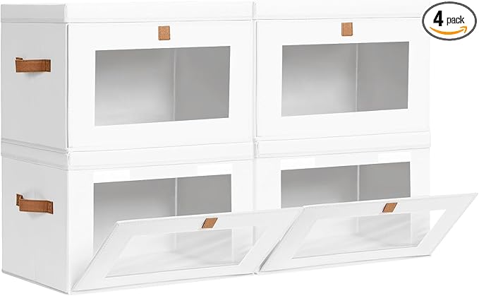 Homsorout Large Clothing Storage Bins - Collapsible Boxes with Handles &amp Window Decorative Organizer Bins with Lids Fabric Containers for Living Room Dorm 4 Pack White