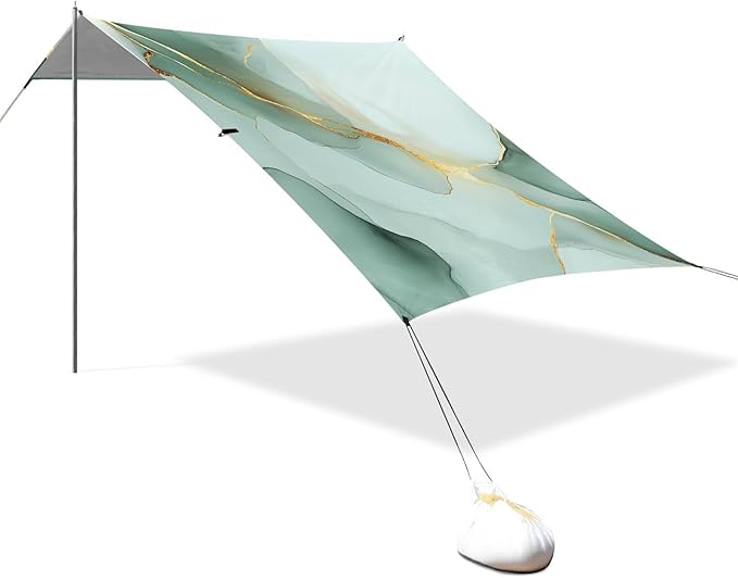 Marble White Green Foldable Beach Cabana UPF50+ Protection Easy Setup Shade Sun Shelter with Sandbags &amp Sand Shovel for Camping Picnics Backyard