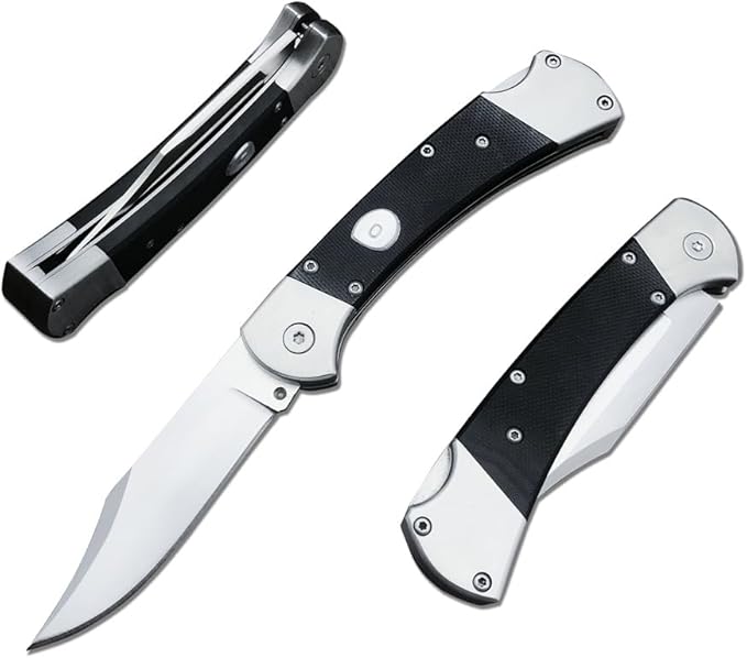 HUAAO Manually Operated Button-Lock Knife Folding Knife 440C Stainless Steel Blade Back lock G10 Handle with Leather Sheath EDC Pocket Knives for Men (Black)