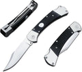 HUAAO Manually Operated Button-Lock Knife Folding Knife 440C Stainless Steel Blade Back lock G10 Handle with Leather Sheath EDC Pocket Knives for Men (Black)
