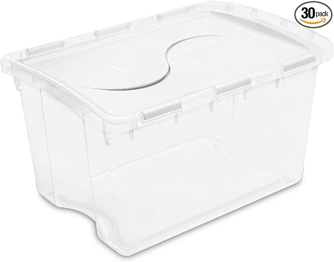 Sterilite 48 Quart Multipurpose Clear Base Storage Box Tote Container with Secure Hinged Lid for Home or Office Organization (30 Pack)