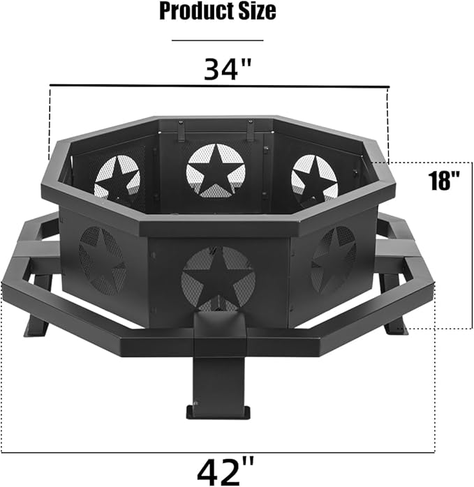 Panovue 42 inch Fire Pit for Outside Heavy Duty Wood Burning Fire Pits with Fire Poker Outdoor Octagonal Firepit for Camping Yard Patio
