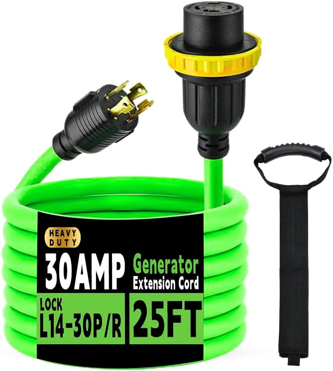 30 Amp Generator Extension Cord (25 Feet) 4-Prong 120/250 Volt 7500W Lock L14-30P/L L14-30R 10 Gauge SJTW Locking Power Cord for Manual Transfer Switch ETL
