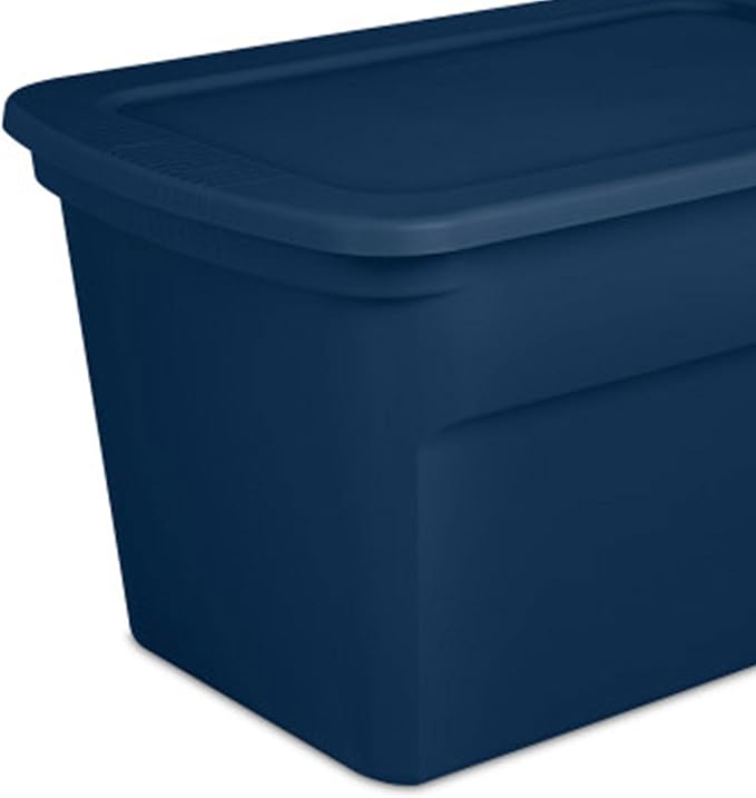 Sterilite 24-Pack Tote Plastic Storage Bins with Snap Lids 30 Gallon Marine Blue - Stackable Home Organizers with In-Molded Handles for Bedroom Garage Basement and Attic