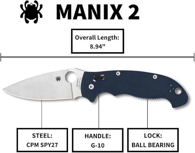 Spyderco Manix 2 XL Folding Pocket Knife with 3.8 CPM SPY27 Steel Blade and G-10 Handle - EDC Knife for Men and Women Perfect for Hunting Tactical Camping Survival - PlainEdge - C95GPCBL2