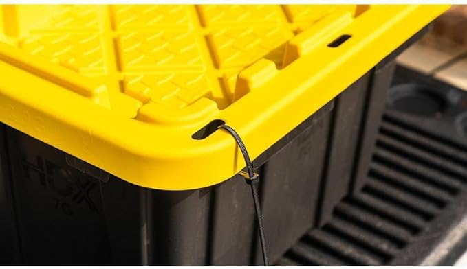 7 Gallon Heavy-Duty Stackable Storage Bins with Lids Black Professional Grade Organizers with Reinforced Yellow Snap-Fit Lids (Pack of 4)