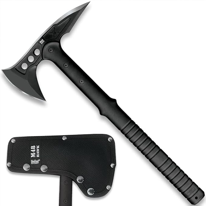 M48 Tactical Tomahawk Military Axe - Black Color | 3 ⅞” Cast Stainless Steel Combat Axe with Piercing Spike | Nylon Cord Wrapped Fiberglass Handle | Camping and Tactical Gear | 15” Length