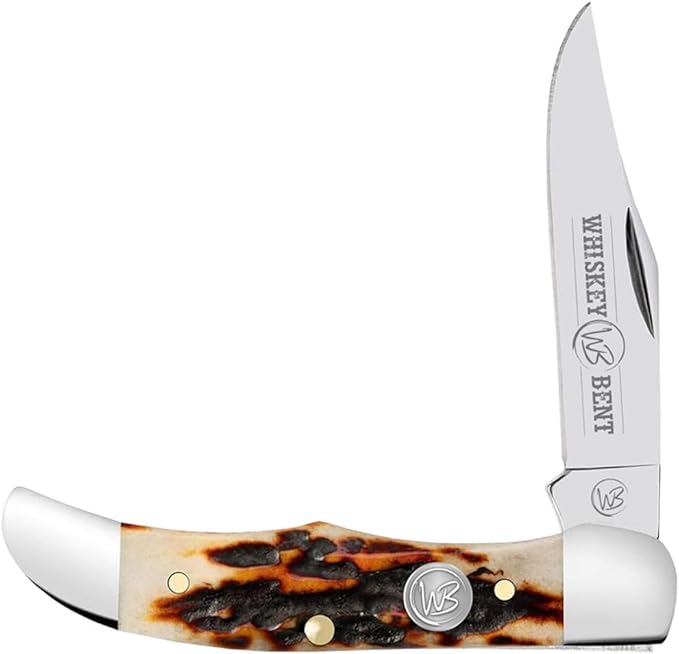 WHISKEY BENT HAT CO. Mini Hunter Folding Pocket Knife 2.75 Closed Length 440C Stainless Steel Blade (Stag Bone)