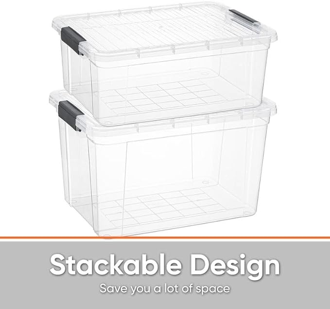 Superio Clear Storage Boxes with Lid 2 Pack Plastic Container Bins for Organizing Stackable Crates BPA Free Non Toxic Odor Free Organizers for Home Office School and Dorm (36 and 49 Qt)