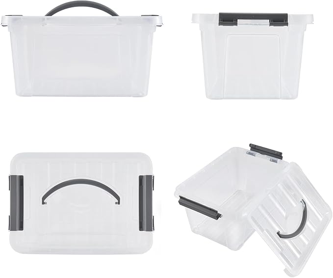 Eslite 6 Quart Plastic Stackable Storage Latch BinsClear Latching Box with Handle and LidPack of 6 (Grey Handle)
