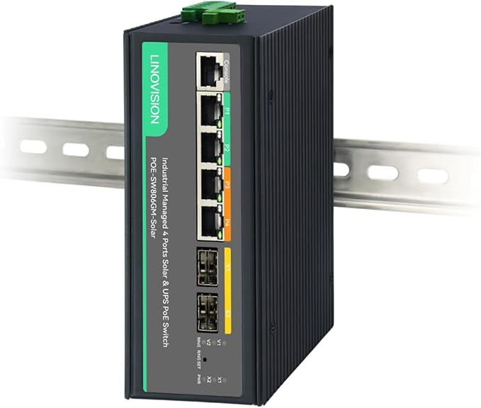 LINOVISION Solar Managed PoE Switch with Built-in MPPT Solar Charge Controller L2 Management Remote Battery Monitoring Non-Stop UPS Power for Up to 4 PoE Camera and 24V Bridge