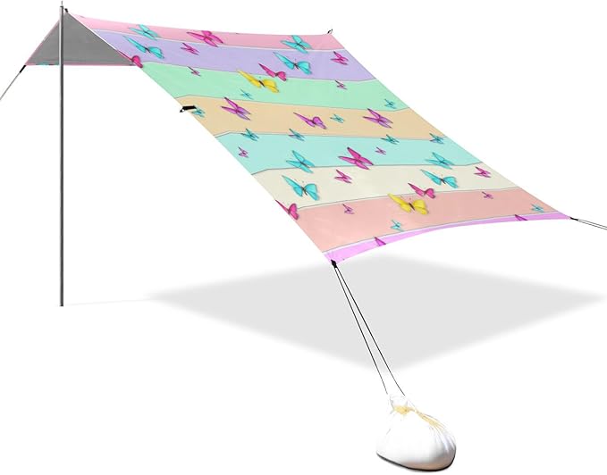 Beach Canopy with Windproof Ropes &amp Sandbags Beach Tent Sun Shade Sun Shelter for Camping Trips Fishing Backyard Fun or Picnics Butterfly
