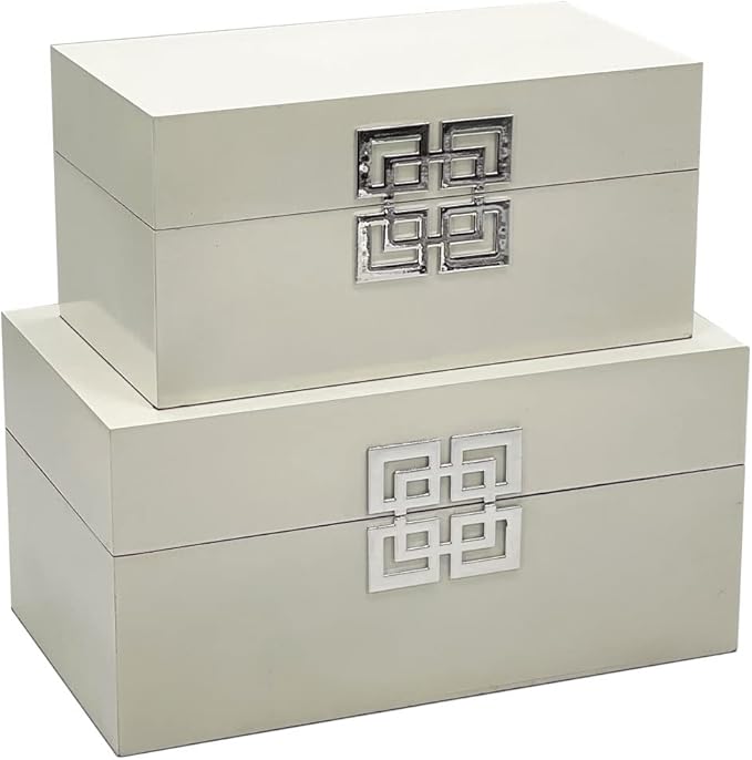 Galt International Storage Box Set Decorative Storage Box w/Hinged Lid Classic Design Wood Decor Boxes with Geometric Clasp Storage for Bedroom &amp Home - Set of 2 (White &amp Silver)