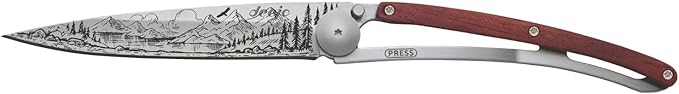 deejo - 37G Folding Pocket Knife with Belt Clip - Mountain Design 3.7-Inch Stainless Steel Blade Coral Wood Handle - Lightweight Everyday Carry for Home Work and Outdoor Use